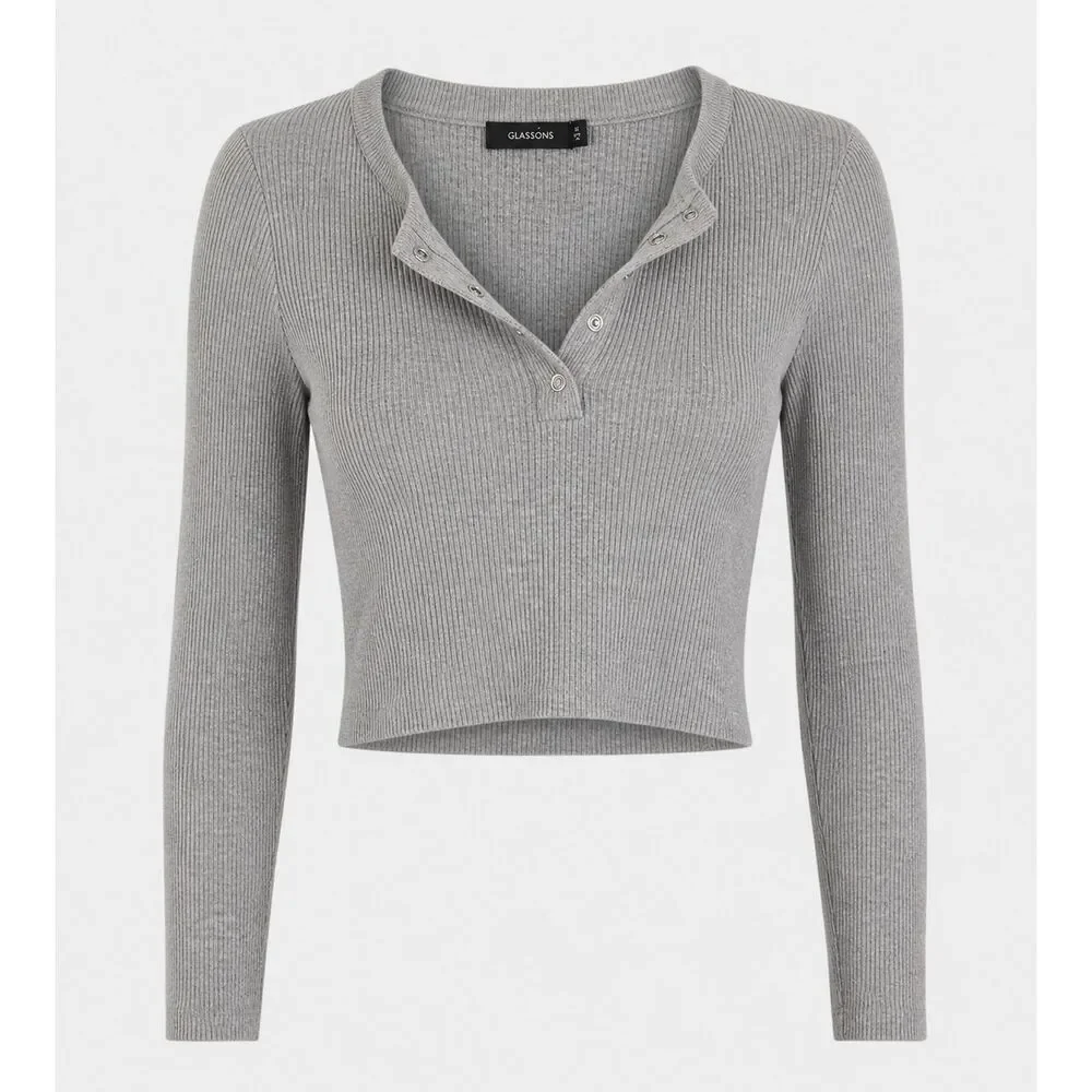 Glassons Cropped Sweater Womens Size M Ribbed Long Sleeve Crop Top Button Gray